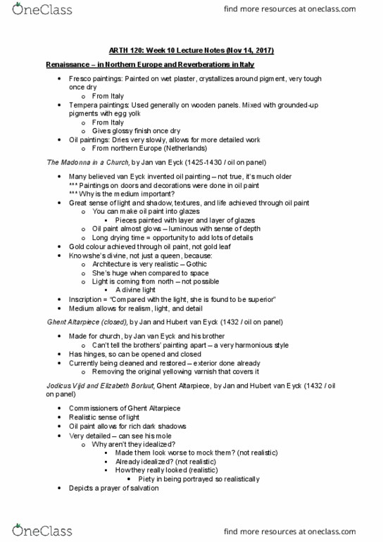 ARTH 120 Lecture Notes - Lecture 10: Hubert Van Eyck, Jan Van Eyck, Ghent Altarpiece thumbnail