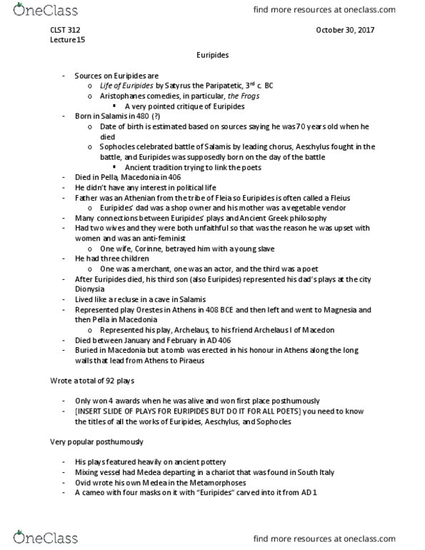 CLST 312 Lecture Notes - Lecture 15: Archelaus I Of Macedon, Ancient Greek Philosophy, Euripides thumbnail