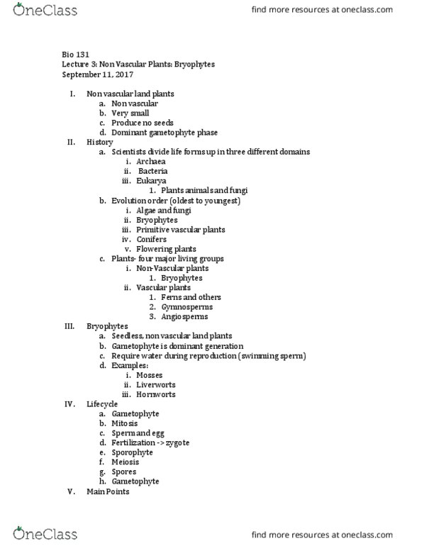 BIO 131 Lecture Notes - Lecture 3: Vascular Plant, Gametophyte, Gymnosperm thumbnail