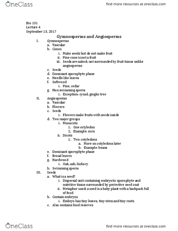 BIO 131 Lecture Notes - Lecture 4: Cotyledon, Sporophyte, Ginkgo thumbnail