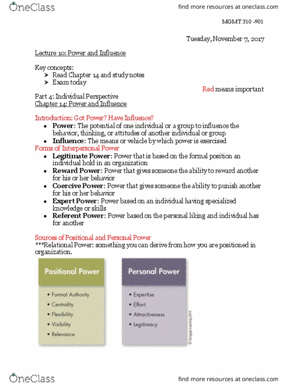 MGMT 310 Lecture Notes - Lecture 11: Power (2014 Kannada Film), Centrality, Pole And Polar thumbnail