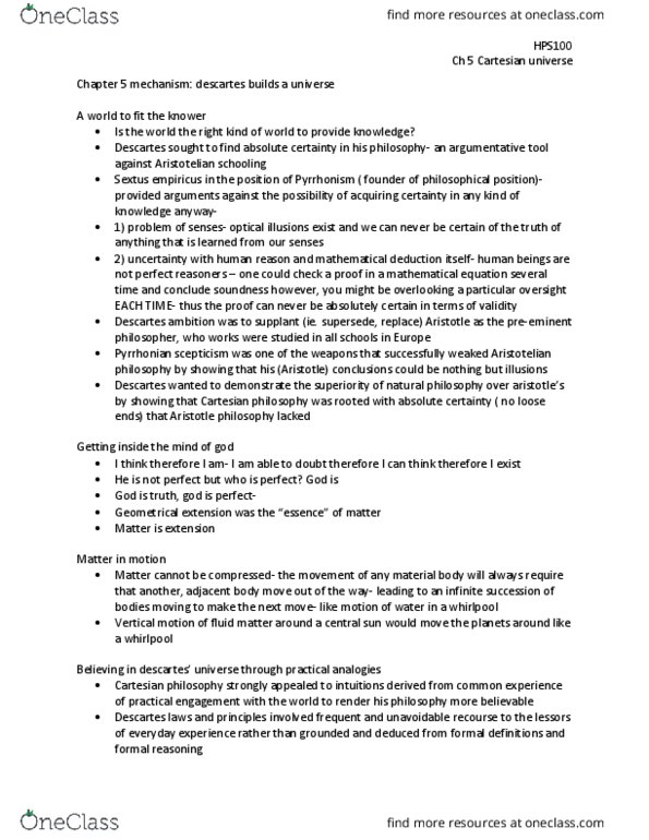 HPS100H1 Chapter Notes - Chapter 5 Descartes: Sextus Empiricus, Cartesianism, Pyrrhonism thumbnail