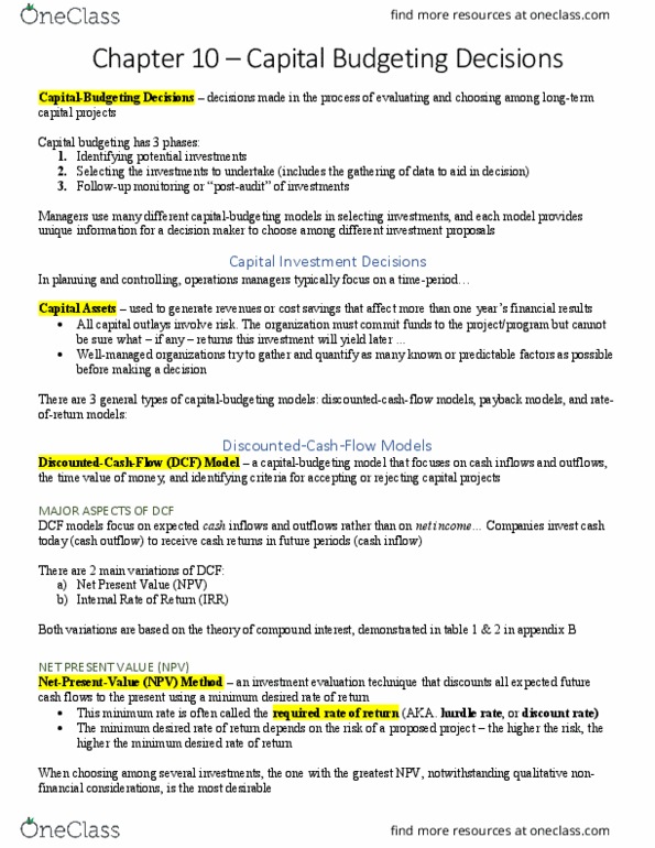 COMM-2016EL Chapter Notes - Chapter 10: Cost Of Capital, Net Present Value, Capital Budgeting thumbnail