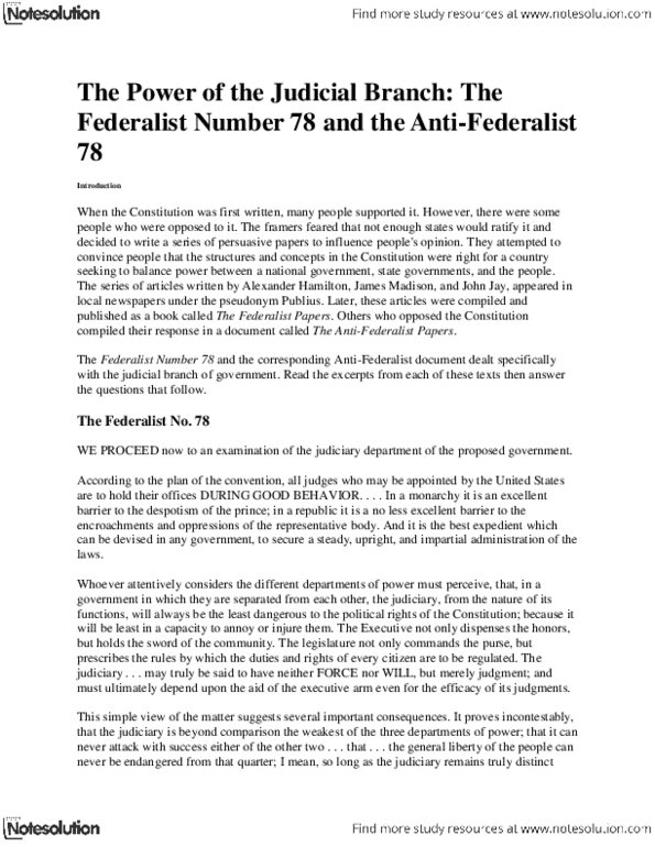 POS 2041 Lecture Notes - Federalist No. 78, Anti-Federalism thumbnail
