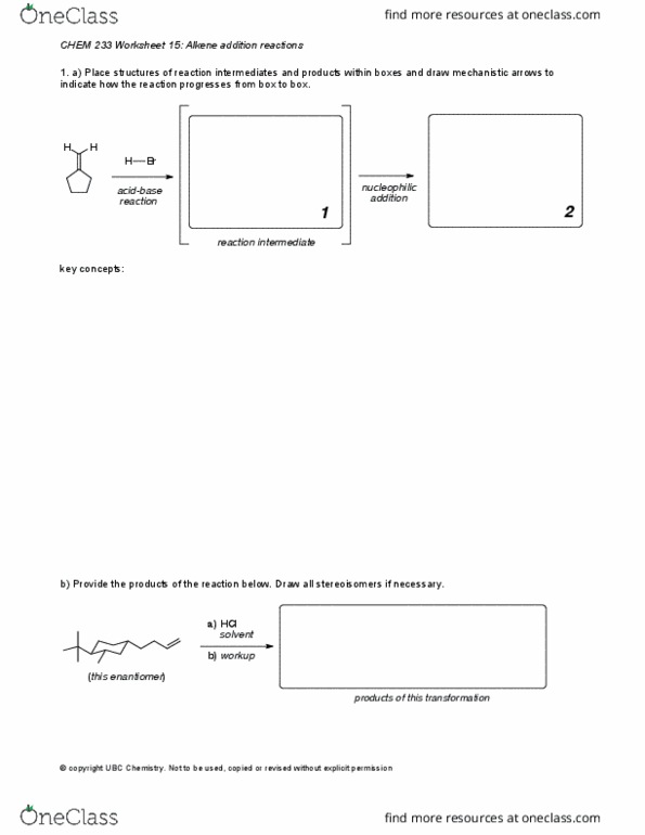 CHEM 233 Lecture Notes - Lecture 2: Reaction Intermediate, Stereoisomerism, Alkene thumbnail