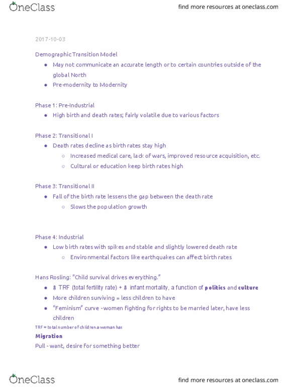 GEOG 100 Lecture Notes - Lecture 6: Demographic Transition, Hans Rosling, Total Fertility Rate thumbnail