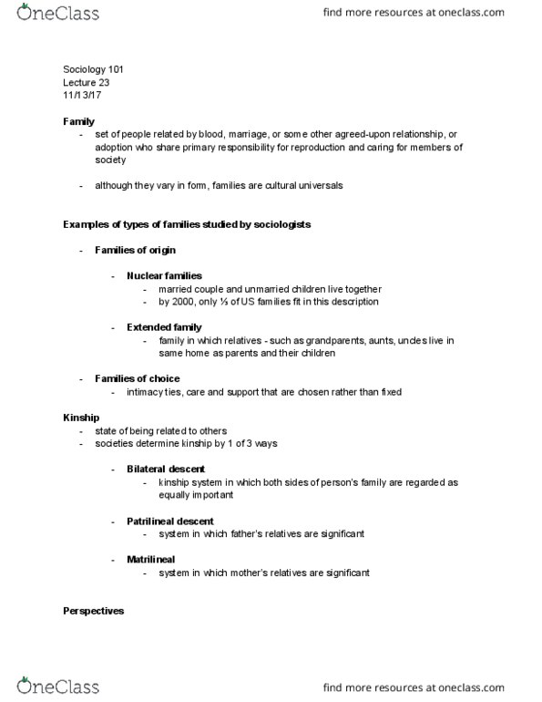 SOCIOL 211G Lecture Notes - Lecture 23: Patrilineality, Bilateral Descent, Cultural Universal thumbnail