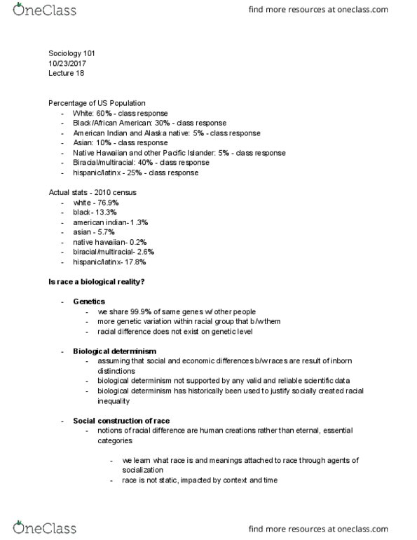 SOCIOL 211G Lecture Notes - Lecture 18: Biological Determinism, Institutional Racism thumbnail