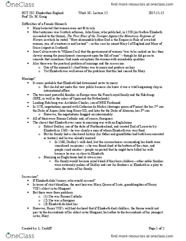 HST 532 Lecture Notes - Lecture 15: Lady Catherine Grey, Elizabethan Era, Lady Jane Grey thumbnail