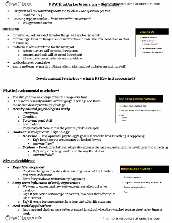 PSYCH 2AA3 Lecture Notes - Lecture 1: Synaptic Pruning, Synaptogenesis, Field Experiment thumbnail