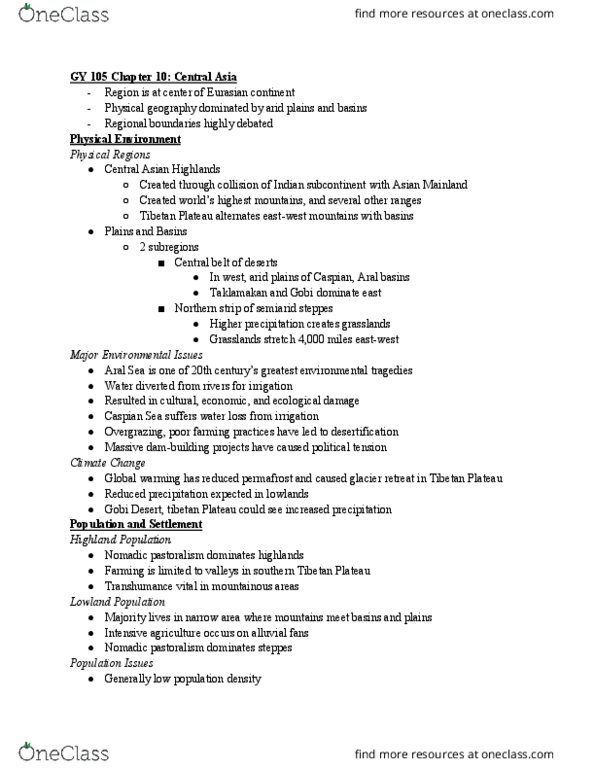 GY 105 Lecture Notes - Lecture 10: Tibetan Plateau, Caspian Sea, Gobi Desert thumbnail