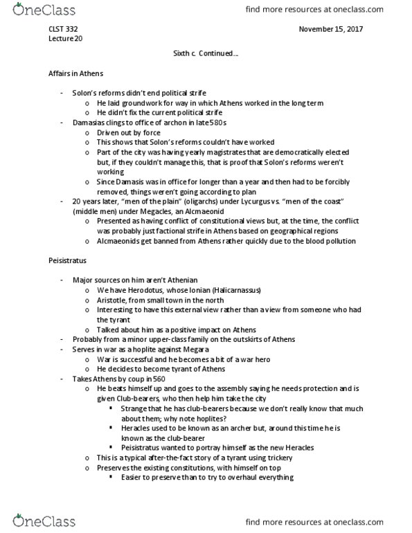 CLST 332 Lecture Notes - Lecture 20: Megacles, Alcmaeonidae, Tyrant thumbnail