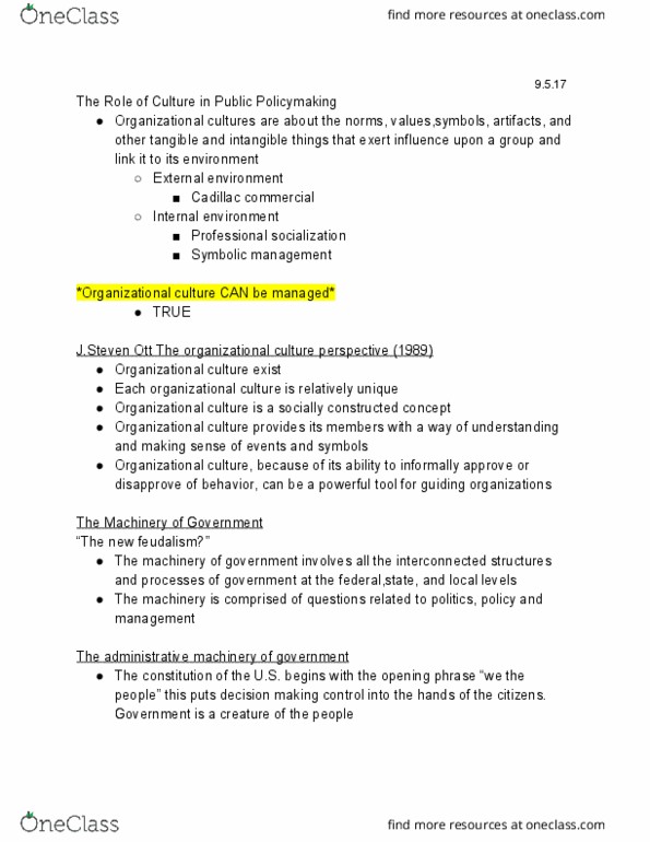 POL 206 Lecture Notes - Lecture 4: Organizational Culture thumbnail