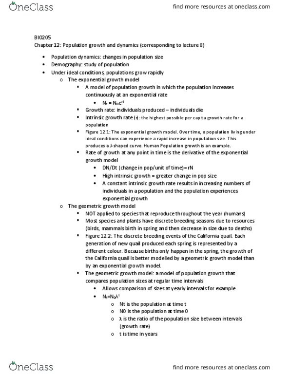 BIO205H5 Chapter Notes - Chapter 12: California Quail, Exponential Growth, Protist thumbnail