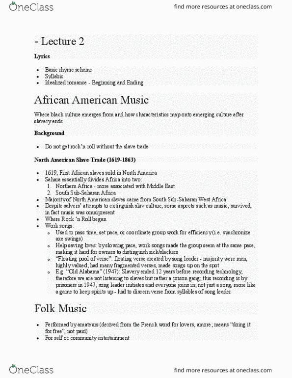 MUSIC140 Lecture Notes - Lecture 2: African-American Music, Sub-Saharan Africa, Prison Gang thumbnail