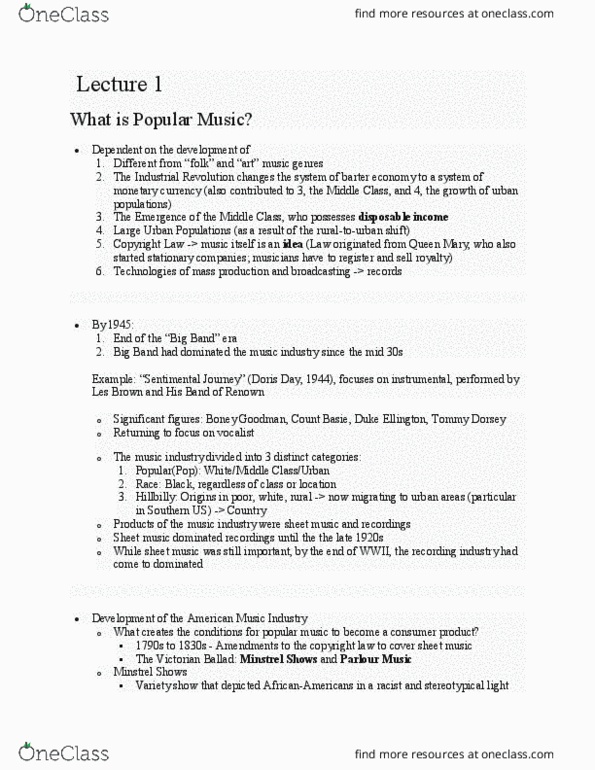 MUSIC140 Lecture Notes - Lecture 1: Franks Wild Years, Tommy Dorsey, Duke Ellington thumbnail
