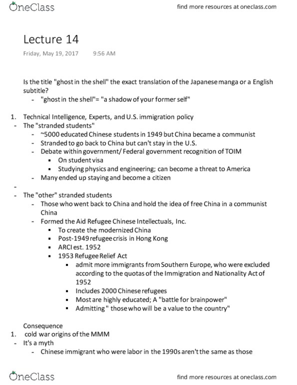 AS AM 133 Lecture Notes - Lecture 14: Refugee Relief Act, Immigration And Nationality Act Of 1965, Brainpower thumbnail