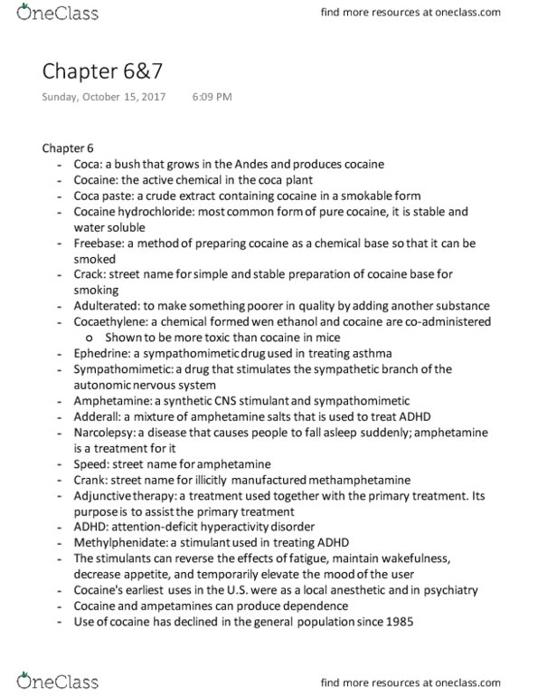 ESS 2 Chapter Notes - Chapter 6-7: Sympathomimetic Drug, Cocaethylene, Hypnotic thumbnail