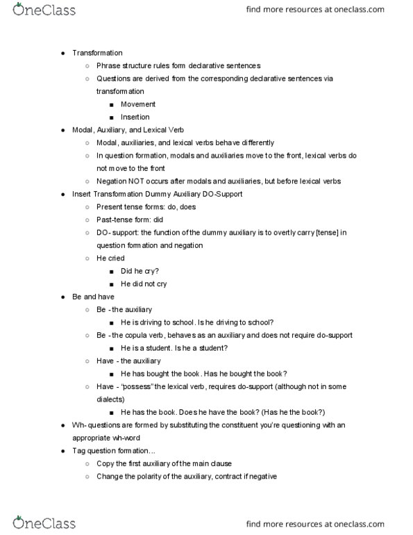 LING477 Lecture Notes - Lecture 20: Phrase Structure Rules, Lexical Verb, Present Tense thumbnail