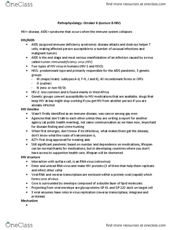 HSS 3305 Lecture Notes - Lecture 8: T Helper Cell, Hiv-1 Protease, Viral Envelope thumbnail