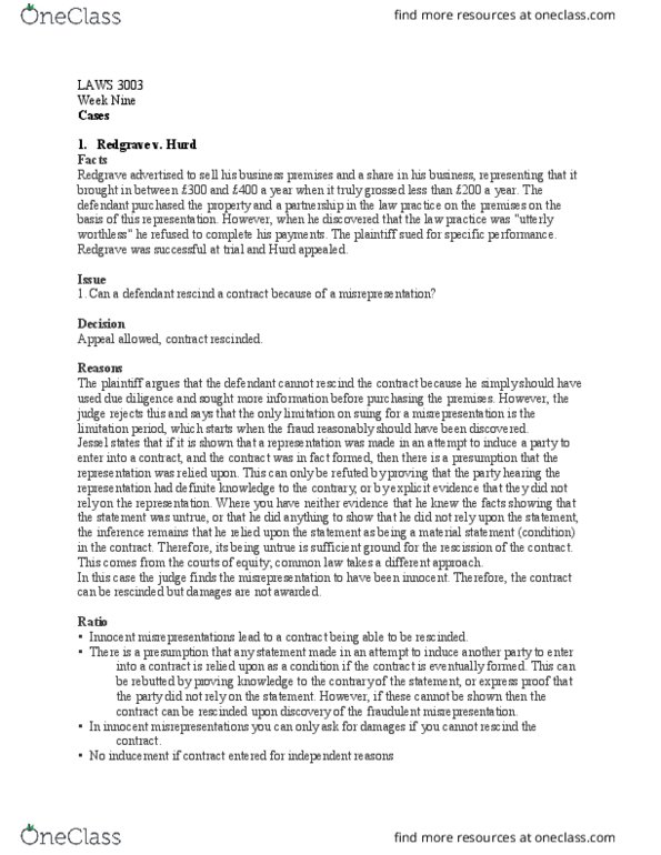 LAWS 3003 Lecture Notes - Lecture 9: Rescission, Specific Performance, Material Issue thumbnail