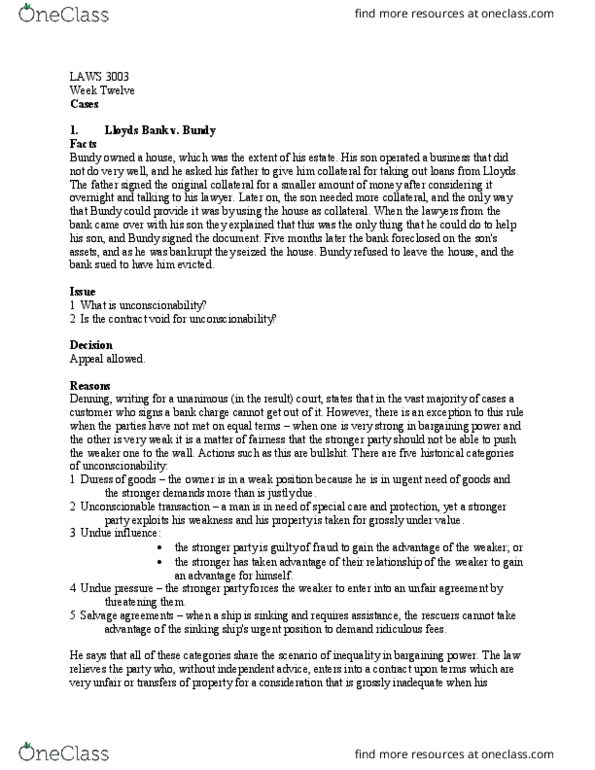 LAWS 3003 Lecture Notes - Lecture 12: Unconscionability, Undue Influence, Bank Charge thumbnail