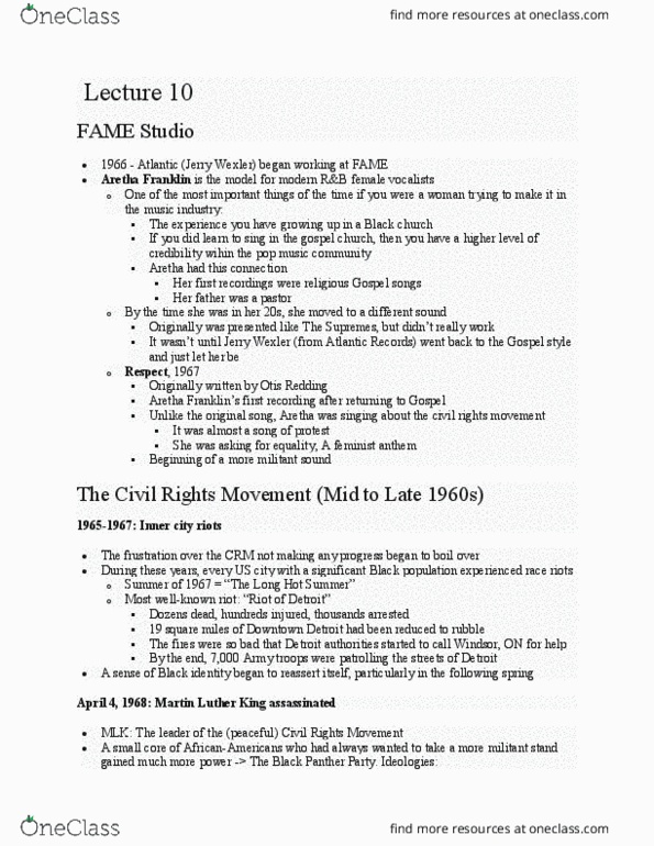 MUSIC140 Lecture Notes - Lecture 10: Aretha Franklin, Jerry Wexler, Soul Music thumbnail