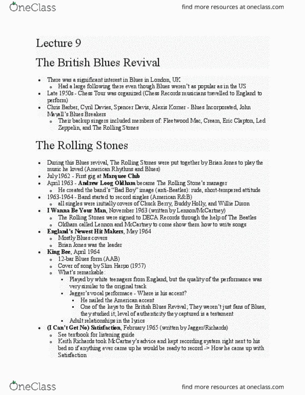 MUSIC140 Lecture Notes - Lecture 9: Andrew Loog Oldham, Mick Jagger, Led Zeppelin thumbnail