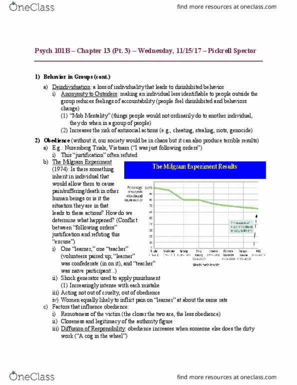 PSYCH 101 Lecture Notes - Lecture 31: Milgram Experiment, Disinhibition, Deindividuation thumbnail