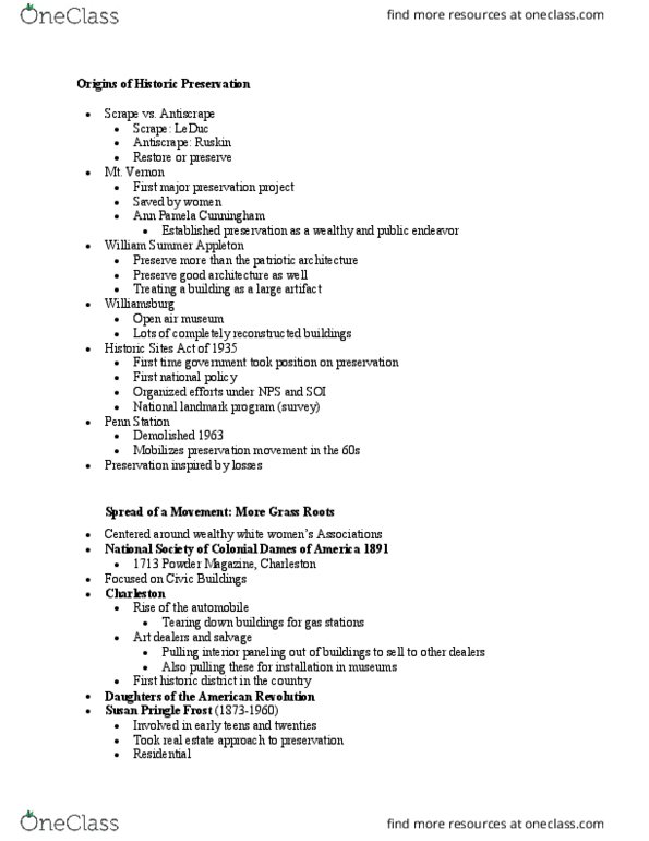 ARCH 440 Lecture Notes - Lecture 4: Ann Pamela Cunningham, Historic Sites Act, National Historic Preservation Act Of 1966 thumbnail