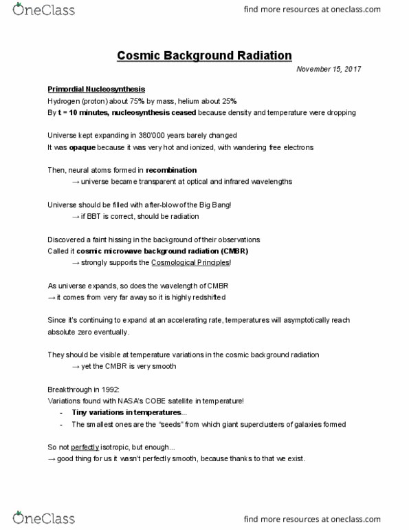 ASTRON C10 Lecture Notes - Lecture 39: Cosmic Microwave Background, Nucleosynthesis, Primordial (Band) thumbnail