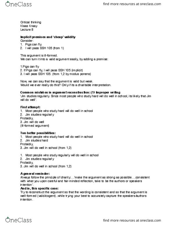 SSH 105 Lecture Notes - Lecture 8: Modus Ponens, Critical Thinking, Modus Tollens thumbnail