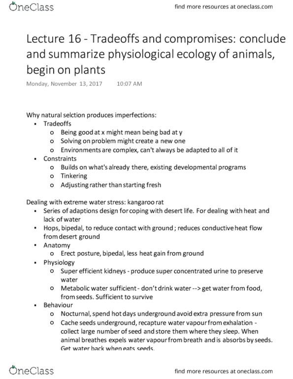 BIO120H1 Lecture Notes - Lecture 16: Ecophysiology, Bipedalism, Exhalation thumbnail