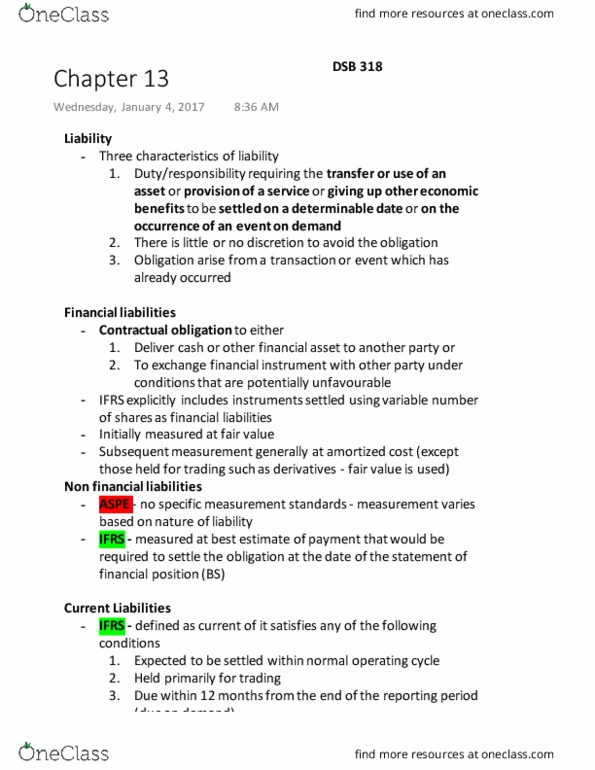 COMMERCE 3AC3 Chapter Notes - Chapter 13-20: Interest Bearing Note, Accounts Payable, Current Liability thumbnail