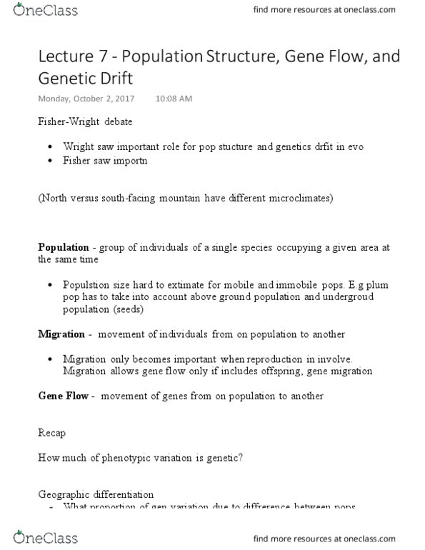 BIO120H1 Lecture Notes - Lecture 7: Genetic Drift, Gene Flow, Eichhornia Crassipes thumbnail