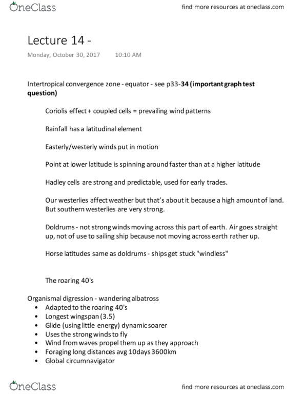 BIO120H1 Lecture Notes - Lecture 14: Intertropical Convergence Zone, Dynamic Soaring, Horse Latitudes thumbnail