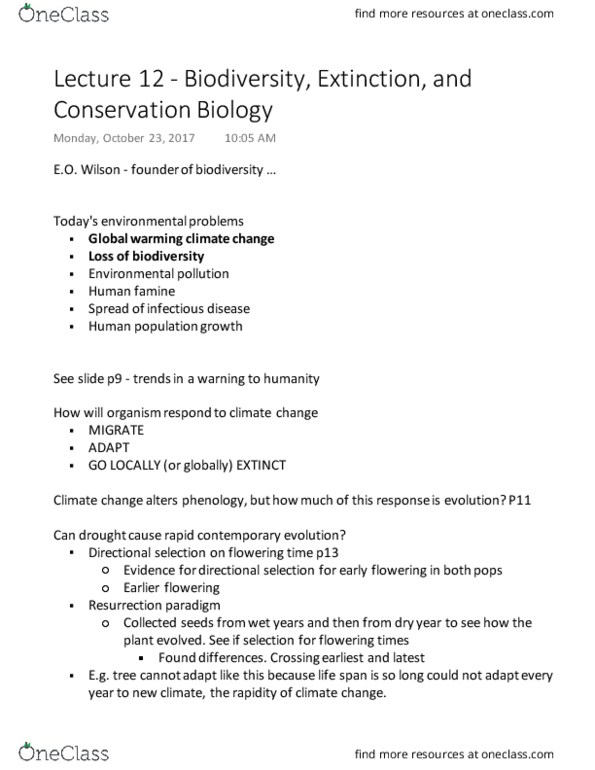 BIO120H1 Lecture Notes - Lecture 12: Phenology, Conservation Biology, Global Warming thumbnail