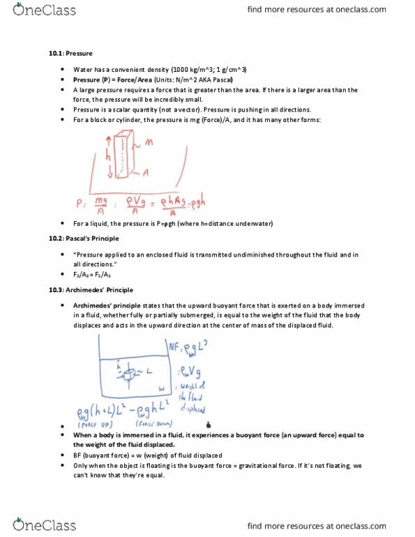 PHY 2020 Lecture 10: Module 10 Notes Fluids and Archimedes' Principle thumbnail