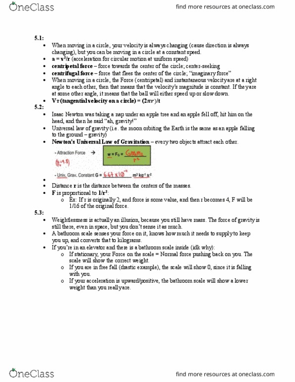 PHY 2020 Lecture Notes - Lecture 5: Centripetal Force, Centrifugal Force, Universal Law thumbnail