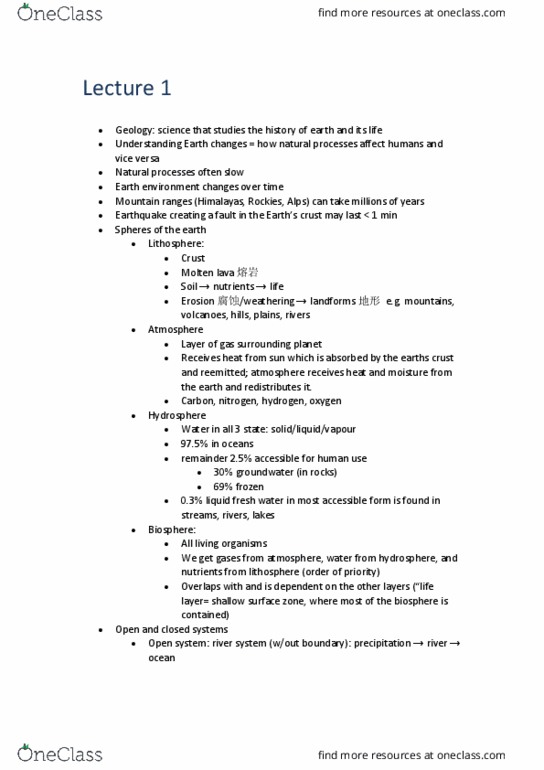 ESS205H1 Lecture Notes - Lecture 1: Hydrosphere, Lithosphere, Himalayas thumbnail