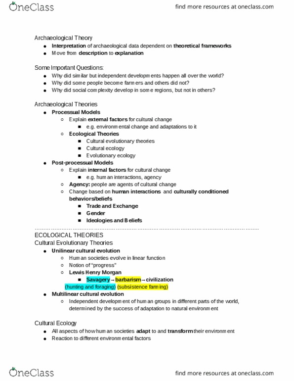 ANTH 160A1 Lecture Notes - Lecture 2: Lewis H. Morgan, Cultural Ecology, Evolutionary Ecology thumbnail