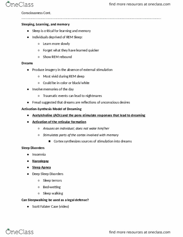 PSY 150A1 Lecture Notes - Lecture 9: Sleep Deprivation, Reticular Formation, Narcolepsy thumbnail