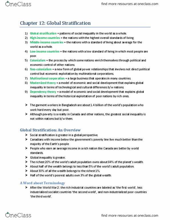 SOCI 2510 Chapter Notes - Chapter 12 - Global Stratification: Per Capita Income, International Inequality, Social Stratification thumbnail