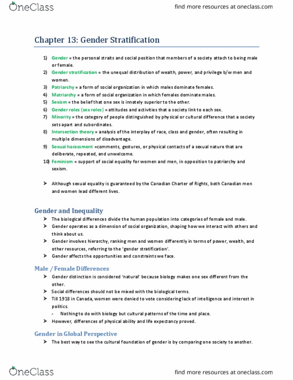 SOCI 2510 Chapter Notes - Chapter 13 - Gender Stratification: Margaret Mead, Kibbutz, Marilyn French thumbnail