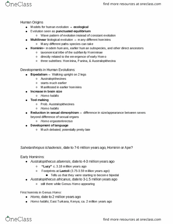 ANTH 160A1 Lecture Notes - Lecture 3: Homo Ergaster, Homo Habilis, Sahelanthropus thumbnail