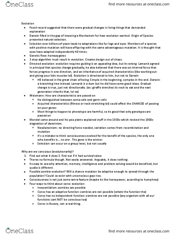 PSYCH 169 Lecture Notes - Lecture 8: Neo-Darwinism, Qualia thumbnail