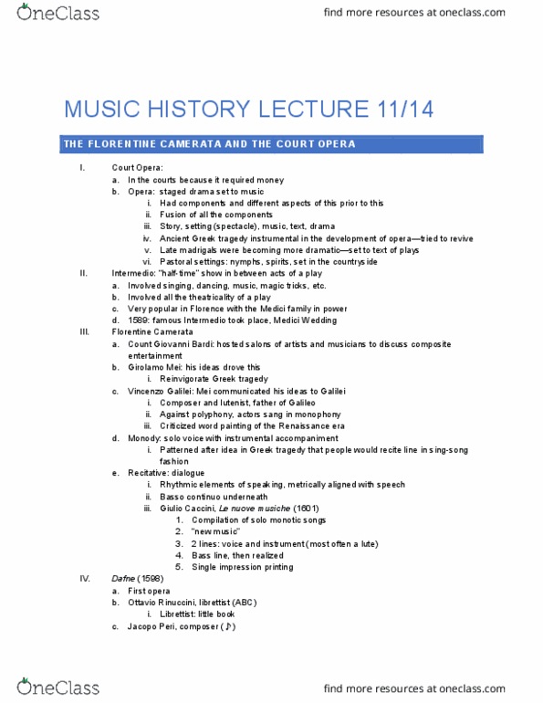 MUSIC 308A Lecture Notes - Lecture 18: Le Nuove Musiche, Florentine Camerata, Ottavio Rinuccini thumbnail