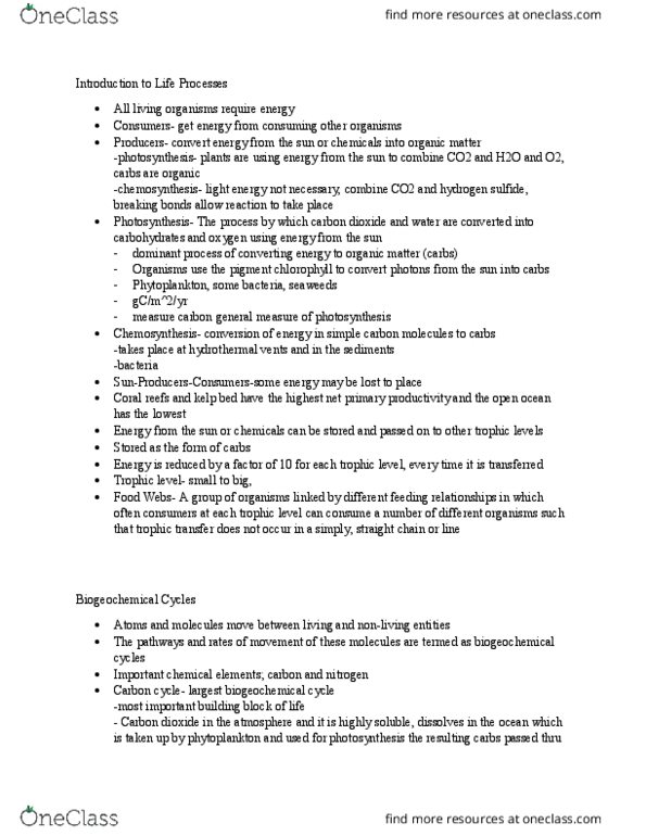 OCS 1005 Lecture Notes - Lecture 1: Biogeochemical Cycle, Trophic Level, Kelp Forest thumbnail