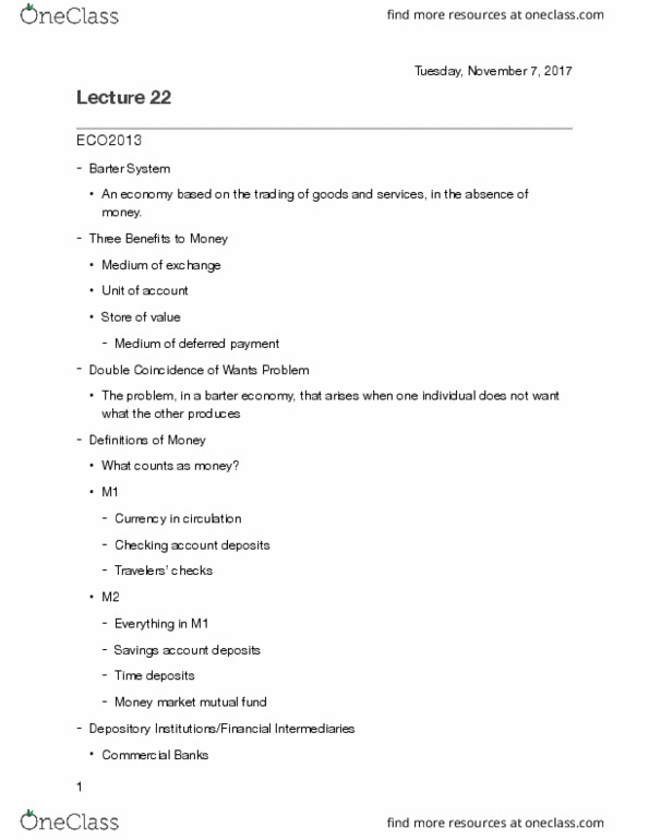 ECO 2013 Lecture Notes - Lecture 22: Barter, Transaction Account, Mutual Fund thumbnail