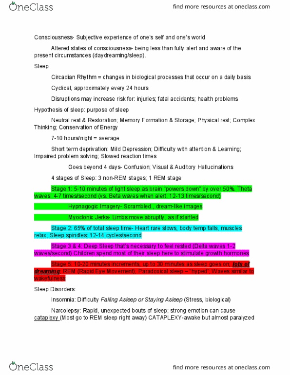 PSYC 1010 Lecture Notes - Lecture 11: Cataplexy, Narcolepsy, Insomnia thumbnail